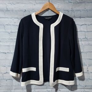 Ming Wang Womens Small Navy Blue 3/4 Sleeves Blazer Cardigan Sweater Crew Neck